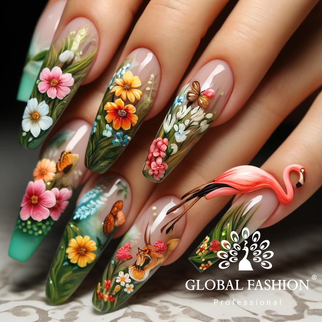 Unghii cu design floral elaborat, realizate cu oja semipermanentă de la Global Fashion, culoare roz pastel  cu detalii pictate manual