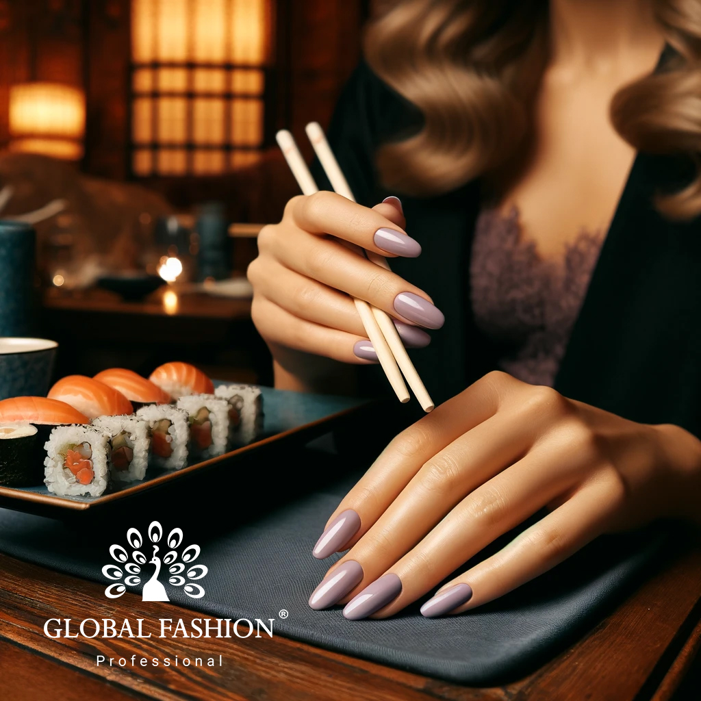 Manichiură cu oja semipermanentă de culoare liliac fumuriu deschis de la Global Fashion, în timp ce o femeie servește sushi.