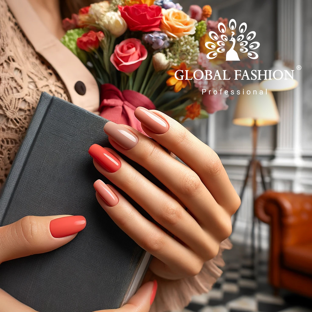 Unghii cu oja semipermanentă de la Global Fashion, culoare cappuccino, ținând un carnet lângă un buchet de flori