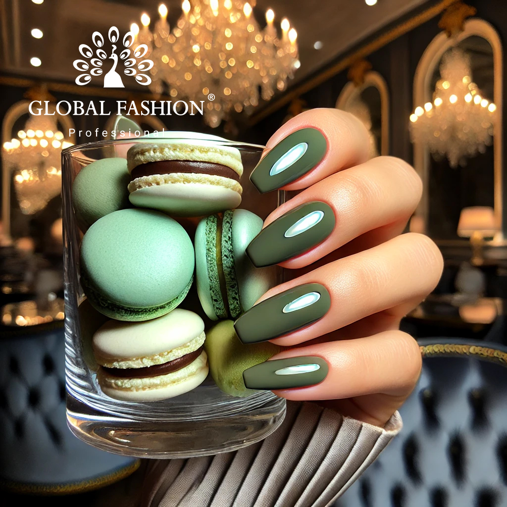 Oja semipermanentă de la Global Fashion în culoarea protectoare cu macarons într-un cadru elegant