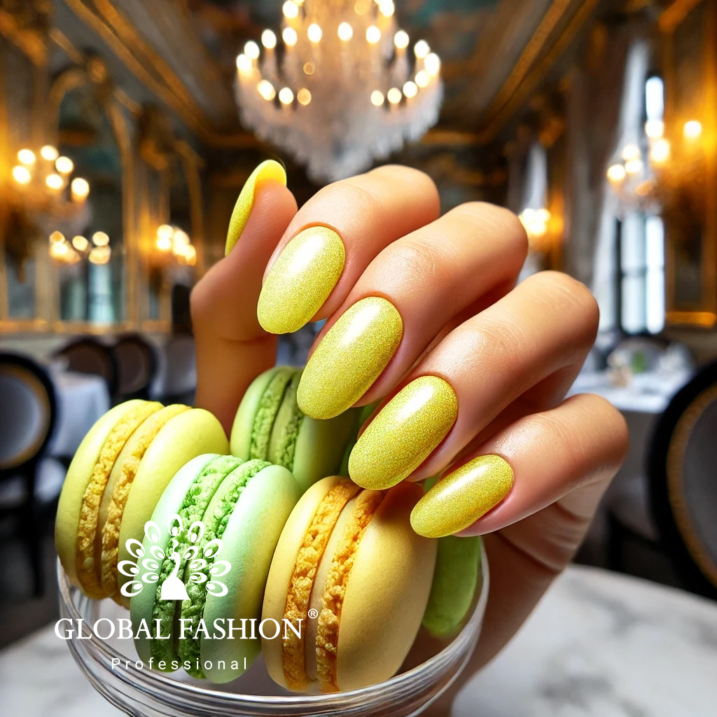 Oja semipermanentă de la Global Fashion în culoarea alb-gălbui cu sclipici fini, manichiură elegantă ținând macarons