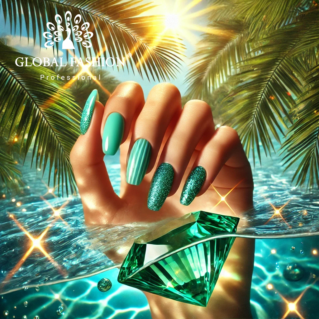 Oja semipermanentă de la Global Fashion în culoarea verde neon cu sclipici într-un cadru tropical luxuriant