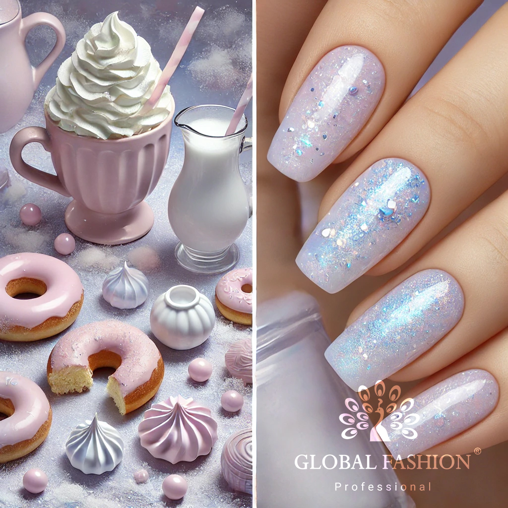 Manichiură vibrantă în culoare Ceață roză cu Ojă semipermanentă Milkshake Glitter   de la Global Fashion