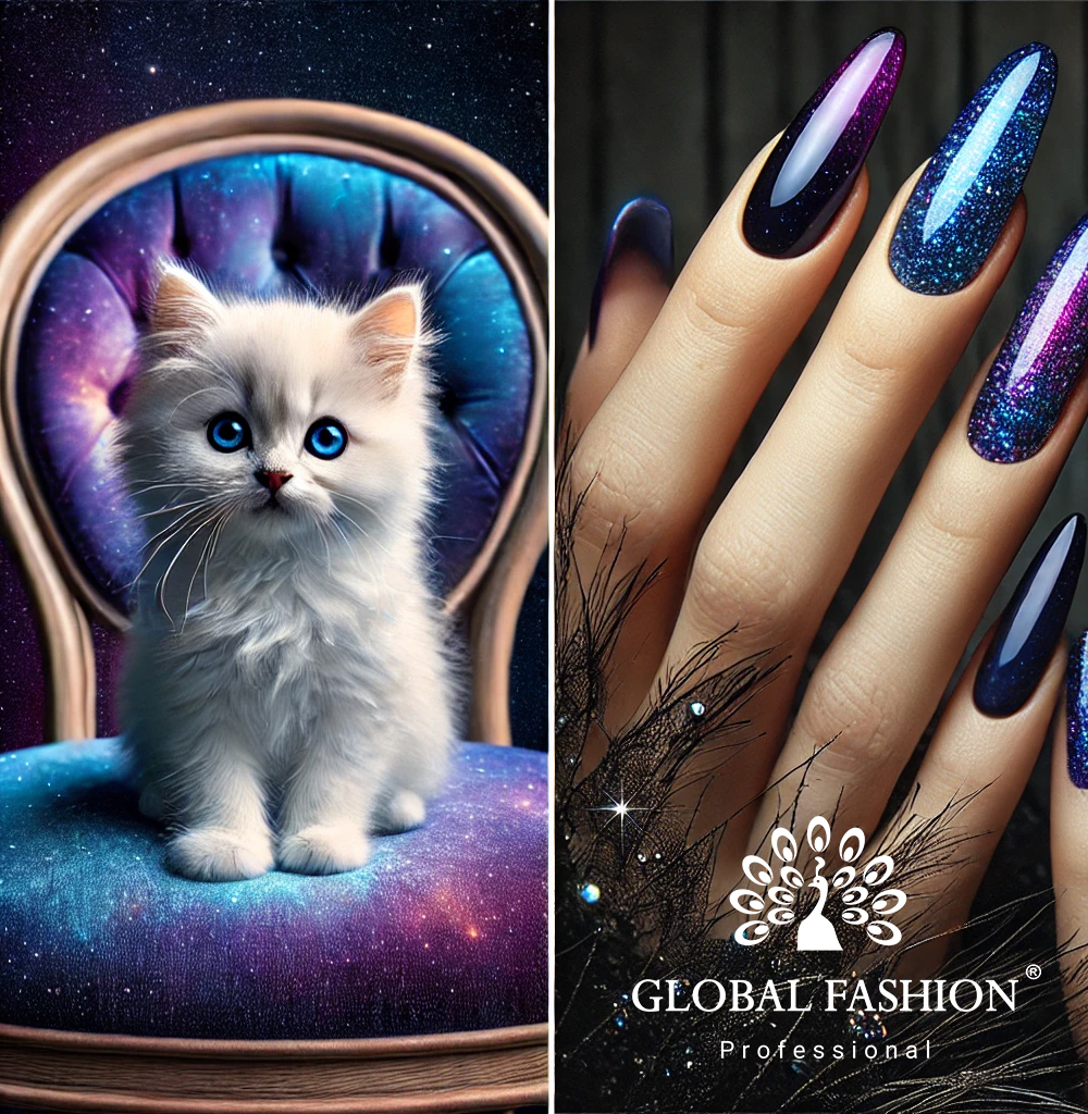 Unghii delicate pictate în culoare  Strălucire Galactică l  cu oja semipermanentă  Ojă semipermanentă Cat Eyes Fairy de la Global Fashion