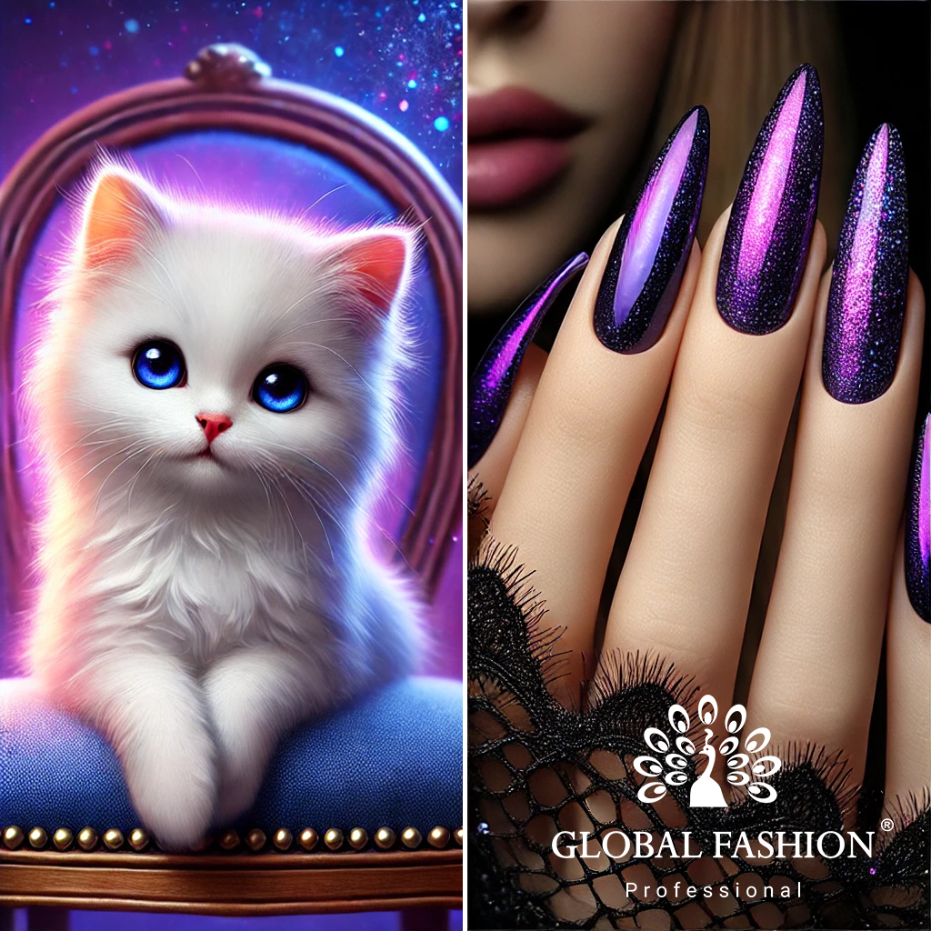 Unghii delicate pictate în culoare  Scânteie Violet   cu oja semipermanentă  Ojă semipermanentă Cat Eyes Fairy de la Global Fashion